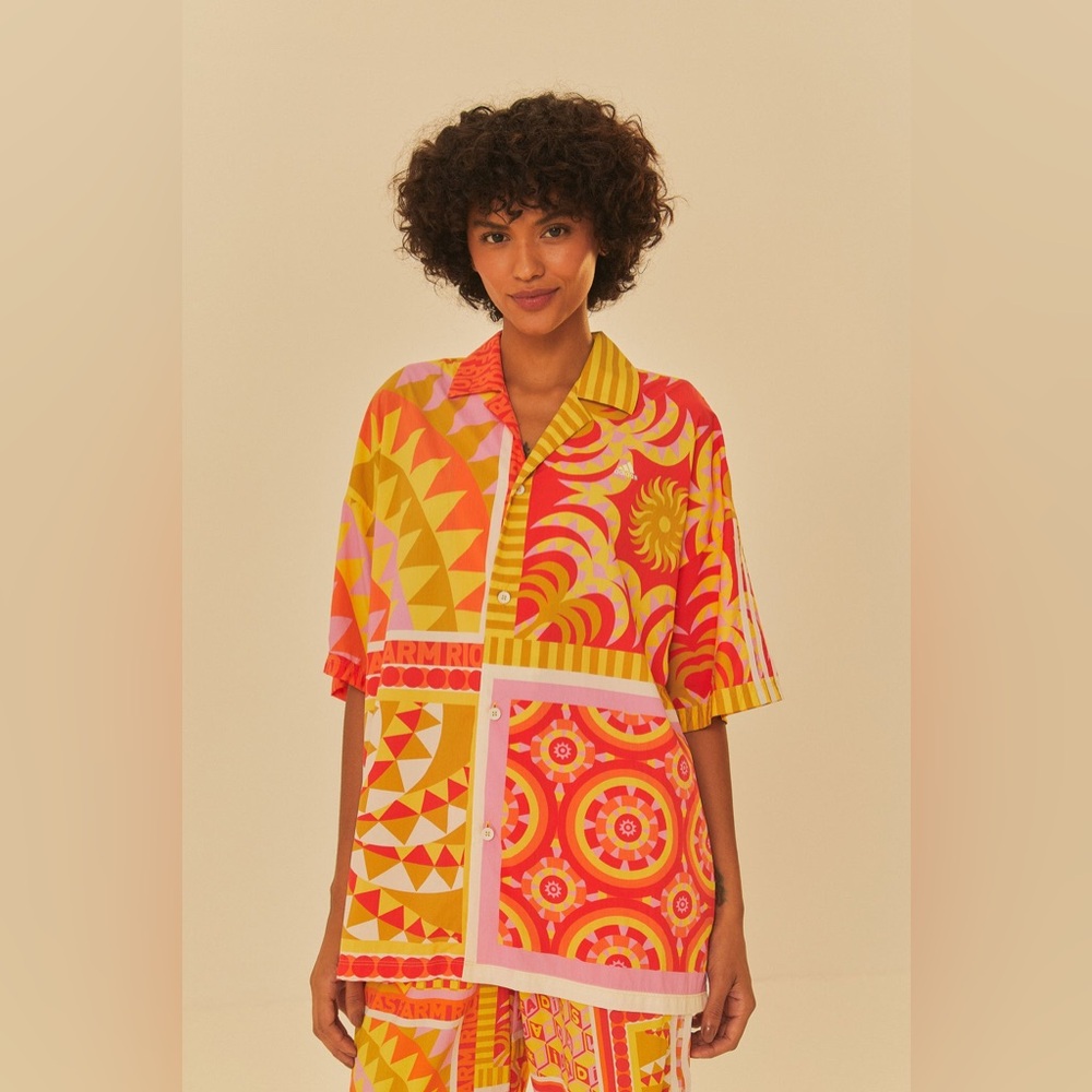 NWT Adidas X Farm Rio Solar Button Up Kaleidoscope Print Relaxed Top Size S/M